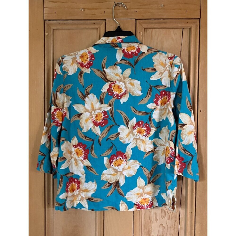Jones New York Vintage 90s Floral Linen Hawaiian Shirt Small Petite Blue SP EXC - Picture 9 of 11
